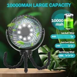 Tafelventilator USB met 10000 mAh Accu, 3 Snelheden, 720 Graden Rotatie, Stil en Krachtig voor Thuis en Camping — thumbnail 4