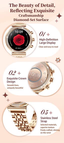 Knobbout Luxe Dames Smartwatch 1.27” Scherm met Kristallen – Bluetooth Bellen – HD Touchscreen – Hartslag, Bloeddruk & SpO₂ Monitoring – Vrouwelijke Gezondheidsfuncties – AI spraakassistent– IP68 Waterdicht – Tweekleurige stalen band — thumbnail 4