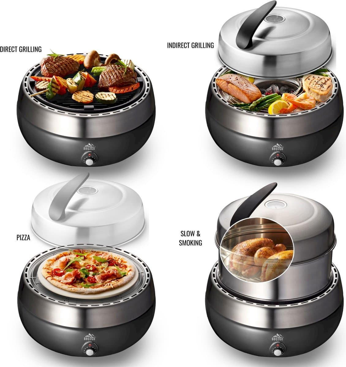 BBQ2GO PRO SET met zware grillplaat - Rookvrije Houtskool Barbecue - Tafel BBQ - Draagbaar voor 5 Personen - Met Pizzaset, Rookverhoging, Indirect Grillrooster & Draagtas - Ø30cm — afbeelding 1
