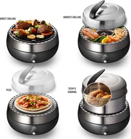 BBQ2GO PRO SET met zware grillplaat - Rookvrije Houtskool Barbecue - Tafel BBQ - Draagbaar voor 5 Personen - Met Pizzaset, Rookverhoging, Indirect Grillrooster & Draagtas - Ø30cm — thumbnail 1
