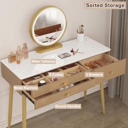 Kaptafel met Verlichting en Verstelbare LED-Spiegel - Elegante Make-uptafel met 3 Lades en Fluwelen Kruk - Kaki + Goud — thumbnail 5