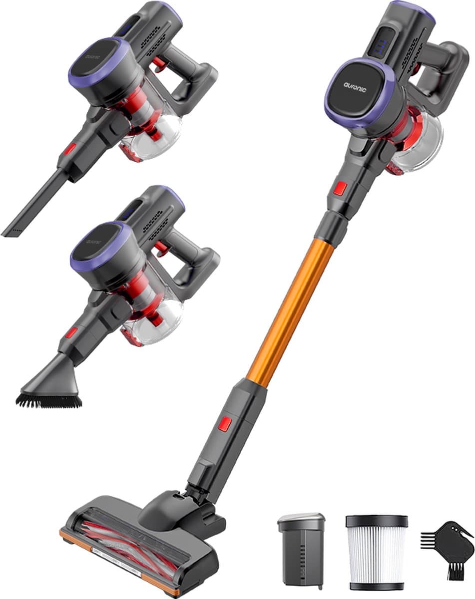 Auronic Steelstofzuiger Draadloos 220W - Draadloze Stofzuiger - HEPA Filter - Zelfstaand - Op Accu - Zonder Zak - Kruimeldief - Vacuum Cleaner - Grijs/Oranje — afbeelding 1