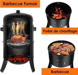Wildor® 3in1 BBQ - Houtskoolgrill - Barbecue Roker - Vat Roker Grill - Met Thermometer - Verstelbare luchtuitlaat - 2 Grills 38Ø - 2 Deuren - Vlees roken - Vis roken - Braden, Grillen, Stoomkoken en Roken — thumbnail 4