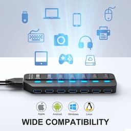 7-Poorts USB 3.0 Hub Splitter met Individuele Aan/Uit Schakelaars en LED Indicatoren — thumbnail 2