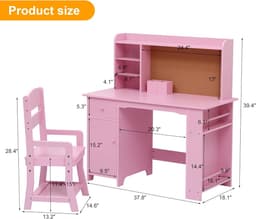 Kinderbureau en Stoel met Opbergruimte - Houten Kindertafel met Etagère, Prikbord & Lade - Verstelbare Kinderstoel - Studiehoek Kinderkamer - 97x46x101cm - Roze — thumbnail 2
