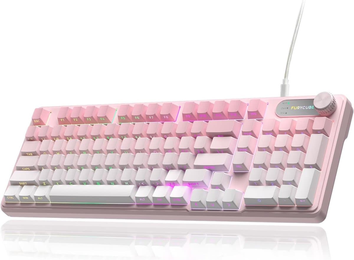 Furycube IP98 PRO - Mechanisch-Feeling Gaming Toetsenbord - 98 Toetsen - RGB Verlichting - Draadloos & Bedraad - 5000mAh Batterij - Roze — afbeelding 1