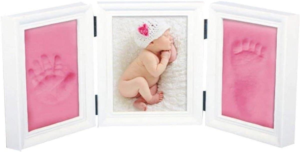 Allecto - Baby Handafdruk Voetspoor Fotolijst Kit voor Jongens en Meisjes - Perfecte Baby Douchegift - EN71 Speelgoedtest Geslaagd - Niet-giftig - Kindveilig - Roze Premium Klei & Witte Houten Lijsten. — afbeelding 1