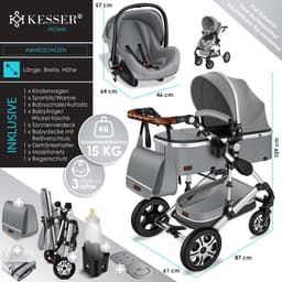 KESSER® Kinderwagen 3 in 1 Loops Wandelwagen Set incl. Autostoel & Reiswieg & Buggy Sportzitje - Massieve Rubberbanden - Luiertas / Regenhoes - Grijs / Zilver — thumbnail 4