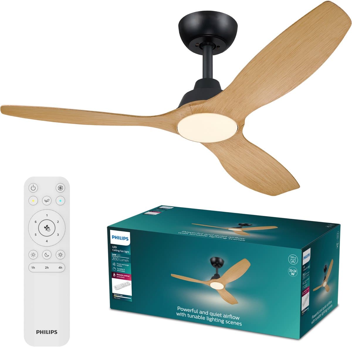 Philips Olas Ventilator met LED lamp - Diameter: 132cm - Instelbaar wit licht van 3000K tot 6500K - Dimbaar tot 5% - Inclusief afstandsbediening - 2650 Lumen - Zwart/Hout — afbeelding 1