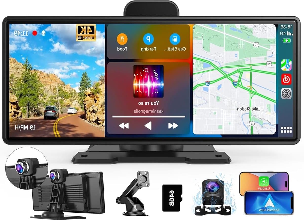 Draagbaar Carplay Display – Auto Multimedia Systeem – Android Auto Unit – Touchscreen Navigatie – Mirror Link – 10,26 Inch IPS HD – 4K Dashcam Voorzijde – 1080p Achteruitrijcamera — afbeelding 1
