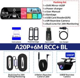 Dashcam voor Auto - 10 Inch Touchscreen Spiegelcamera - 1080P AHD Dashcam - Nachtzicht - Groothoek 170° - Parkeermodus - Inclusief 6M RCC BL - Zwart — thumbnail 2