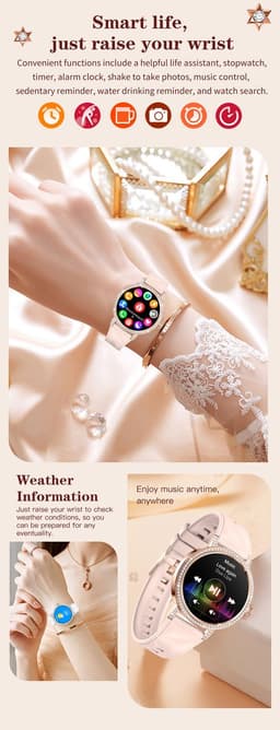 Knobbout 1.27" (3,2 cm) Smartwatch met Fonkelende Strass Steentjes – Luxe Design | Bellen via Bluetooth | Hartslag, Bloeddruk & SpO2 | IP67 Waterdicht | BT 5.3 | HD Scherm -Goud — thumbnail 5