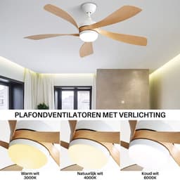 Plafondventilator Met Lamp - Stille ventilator - 5 ABS Bladen - Ø 52 inch - Dimbare lamp met 3 lichtstanden - 6 standen voor de windkracht - Met Afstandsbediening - LED's Light - Wit, natuurlijke houtkleur — thumbnail 2