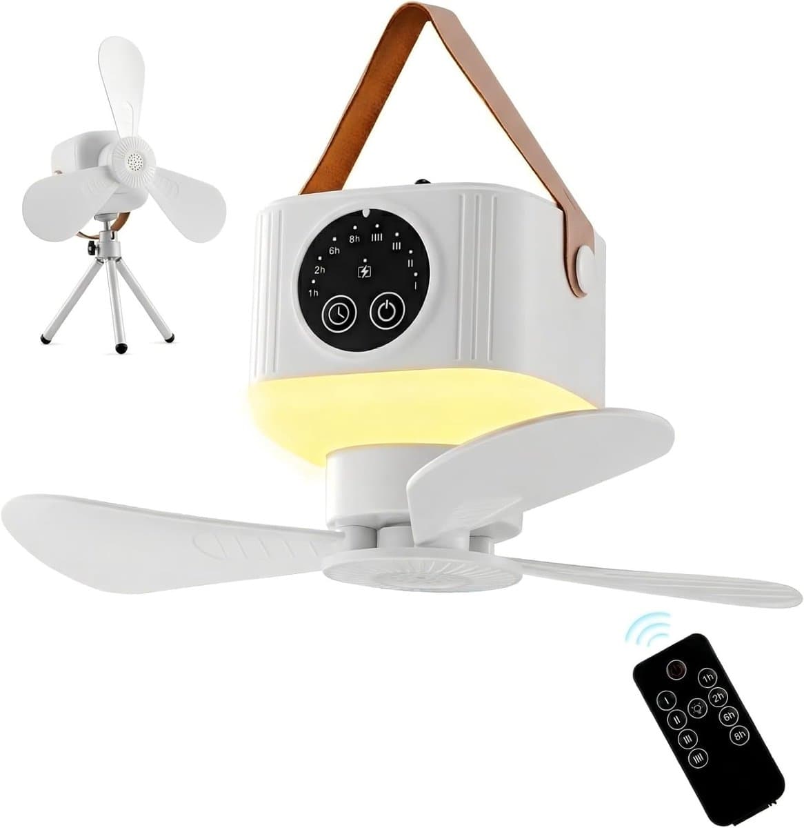 Campingventilator - Draagbare campingventilator - Ventilator - Met verlichting en afstandsbediening- Met 4 snelheidsstanden en timerfunctie 3 standen nachtlampje - Meerdere plaatsingsmethoden met statief - voor luifel strand camper - Wit — afbeelding 1