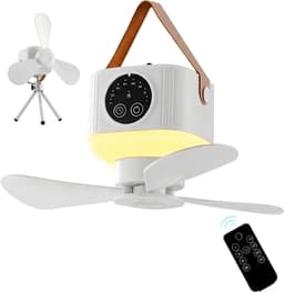 Campingventilator - Draagbare campingventilator - Ventilator - Met verlichting en afstandsbediening- Met 4 snelheidsstanden en timerfunctie 3 standen nachtlampje - Meerdere plaatsingsmethoden met statief - voor luifel strand camper - Wit — thumbnail 1