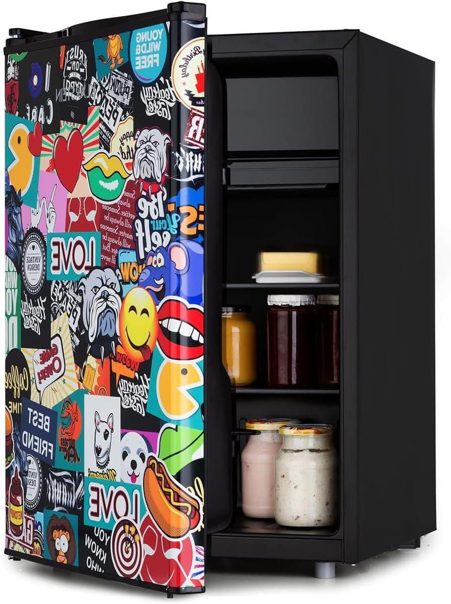 Compacte Koelkast - Kleine Koelkast Koelbox - Keuken Koelen Opslaan - VividArt Stickerbom Design - 70 Liter - Zwart — afbeelding 1