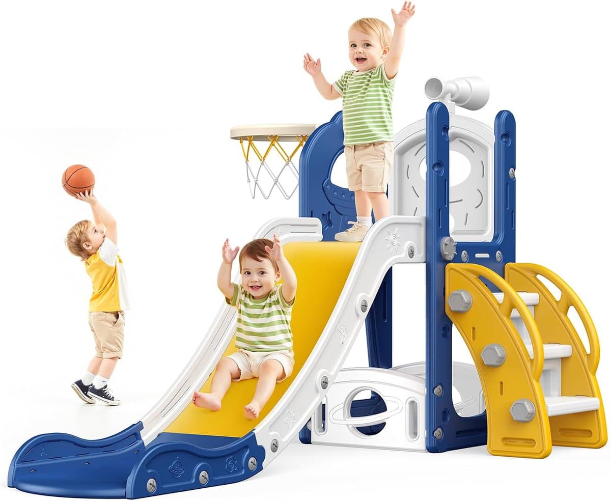 Grote blauwe glijbaan voor kleine kinderen met basketbalmand, glijbaan voor peuters van 1 tot 3 peuters, klimer, glijbaan, speelset met opbergruimte, binnen en buiten, speelgoed voor — afbeelding 1