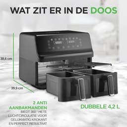 Dubbele Mand Airfryer - Heteluchtfriteuse Oven - Gezond Koken - Transparant Venster - 88 Liter - Zwart — thumbnail 4