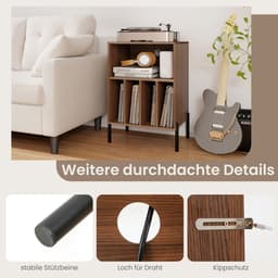 COSTWAY Draaitafel standaard met laadstation, vinylplaten, draaitafel met plank en 4 scheidingswanden en metalen poten, platenstandaard bijzettafel, woonkamer kantoor, 53 x 45 x 78,5 cm (bruin) — thumbnail 2