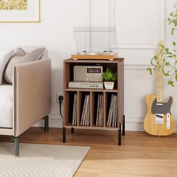 COSTWAY Draaitafel standaard met laadstation, vinylplaten, draaitafel met plank en 4 scheidingswanden en metalen poten, platenstandaard bijzettafel, woonkamer kantoor, 53 x 45 x 78,5 cm (bruin) — thumbnail 5