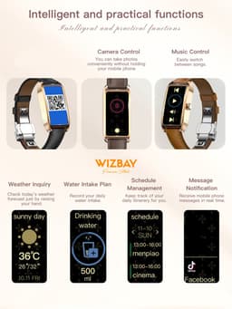 WizBay Premium Select® 1.13 Inch AMOLED Smartwatch Goud met Zwarte Leren Band – Hartslag, Bloeddruk SpO₂ Monitoring – Fitness Tracker – Elegant Vierkant Design – Android iOS — thumbnail 4