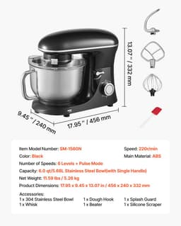 Keukenmachine 6L - Stand Mixer met RVS Mengkom - 6 Snelheden + Pulse - Deeghaak, Garde & Menghaak - Zwart — thumbnail 2