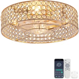 19 inch Inbouwventilatorlamp - Dubbele bediening via app en afstandsbediening - 6 snelheidsstanden - Omkeerbare luchtstroom - Gouden kristallen - ABS-bladen — thumbnail 1