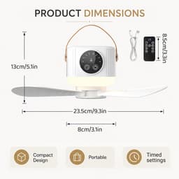LISM-Camping plafondventilator met verlichting, tent plafondventilator, afstandsbediening, mini plafondventilator, tent plafondventilator, plafondventilator met verlichting, oplaadbare campingventilator - beige — thumbnail 2