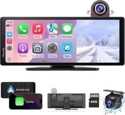 Wireless Carplay & Android Auto met Dash Cam - 10,26" HD IPS Touch Car Play-scherm voor auto, 4K-voor- en 1080P-achtercamera, loop-opname, Bluetooth-audio, Mirror Link, GPS, Siri — thumbnail 1