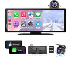 Wireless Carplay & Android Auto met Dash Cam - 10,26" HD IPS Touch Car Play-scherm voor auto, 4K-voor- en 1080P-achtercamera, loop-opname, Bluetooth-audio, Mirror Link, GPS, Siri