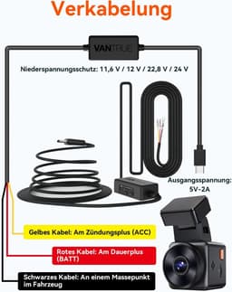 USB-C Hardwire Kit met 2 fasen en acc-kabel voor alle dashcams, 12V/24V naar 5V, zekeringhouder met laagspanningsbeveiliging, 24H. Parkeermodus, compatibel met andere USB-C-dashcams — thumbnail 5