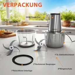 Krachtige Keukenmachine Hakmolen met 2 Liter Glazen en Stalen Kom — thumbnail 3
