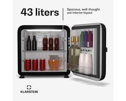 Klarstein Audrey Evo 45L minikoelkast - retro design, stil (40 dB), compressor, verstelbare pootjes, omkeerbare deur, kleine koelkast voor slaapkamers en kantoren, zwart