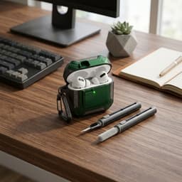 Groen hoesje voor oordopjes met cleaning kit – robuuste shockproof beschermhoes geschikt voor AirPods Pro 3 met clip en carbon look details — thumbnail 2