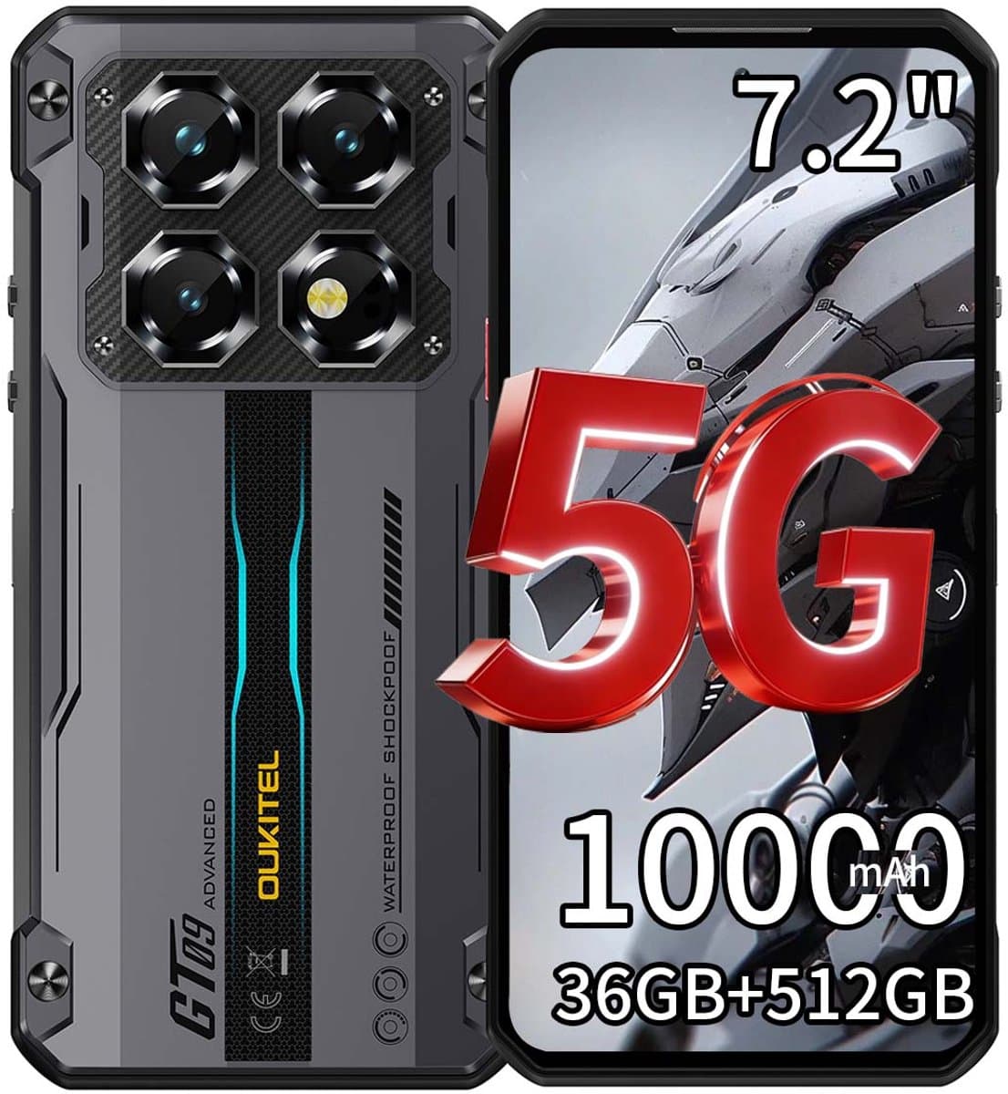 OUKITEL WP60 Rugged Smartphone 5G - 36GB RAM - 512GB ROM - 7,2 inch 120Hz - 10000mAh 33W - 108MP Camera - Dual SIM - Android 15 - NFC GPS - Zwart — afbeelding 1