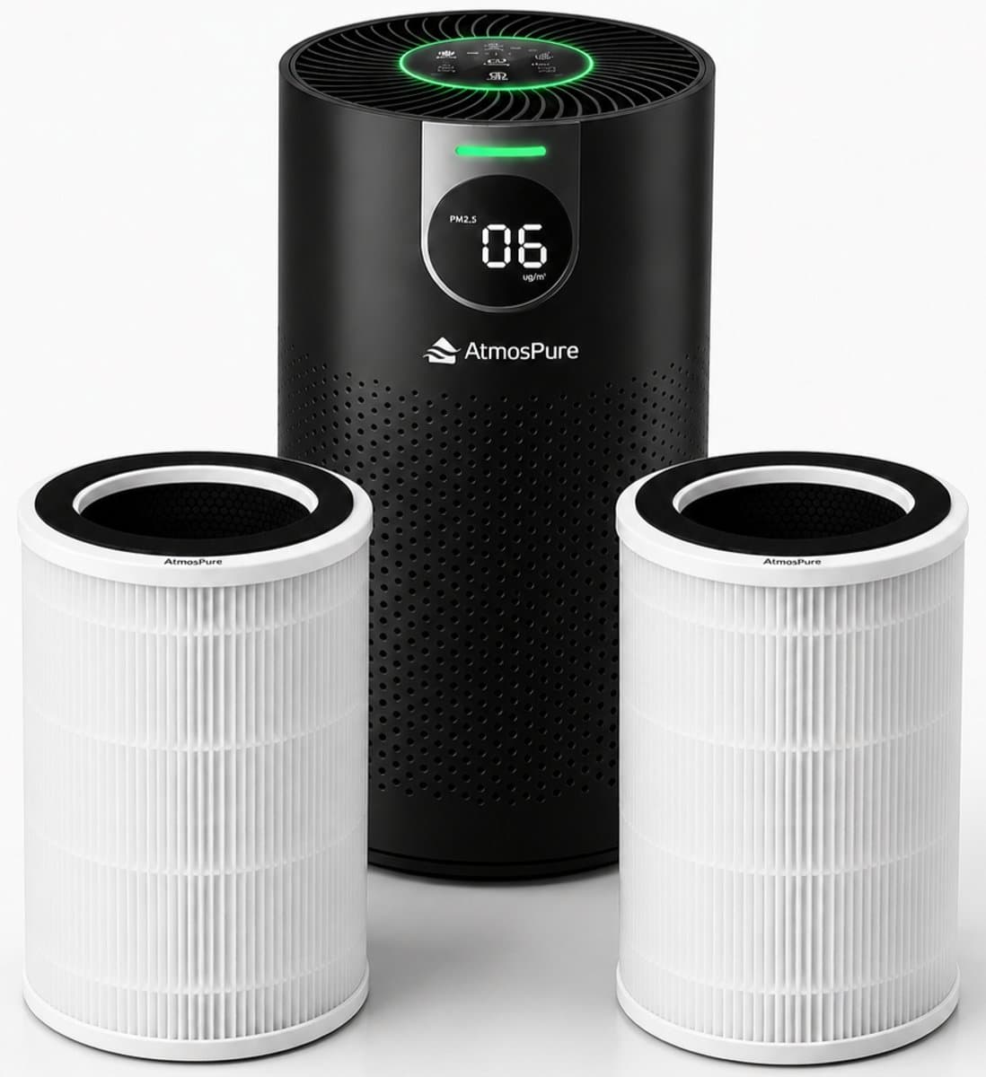 AtmosPure® CleanAir Luchtreiniger - Air Purifier met vervangbaar HEPA 13 Koolstof filter + Extra filter - CADR 250 m³/h - Zwart - Voor 98 m² - Werkt tegen huisstofmijt, hooikoorts, allergie, -3 standen + stille slaapstand - Luchtkwaliteit Sensor — afbeelding 1