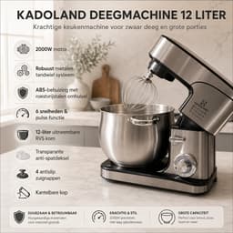 Kadoland® 12L Stand Mixer – Deegmachine 2000W – Keukenmachine voor Zwaar Deeg – 6 Snelheden + Pulse – RVS Mengkom – Inclusief Deeghaak, Garde, Klopper en Spatel — thumbnail 2