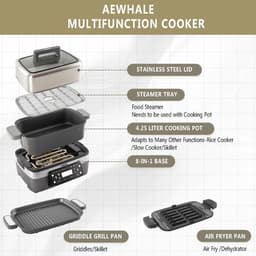 Multikoker met Airfryer - Elektrische Pan - Veelzijdig Koken - 8-in-1 Functionaliteit - 4.25 Liter - Zilver — thumbnail 3