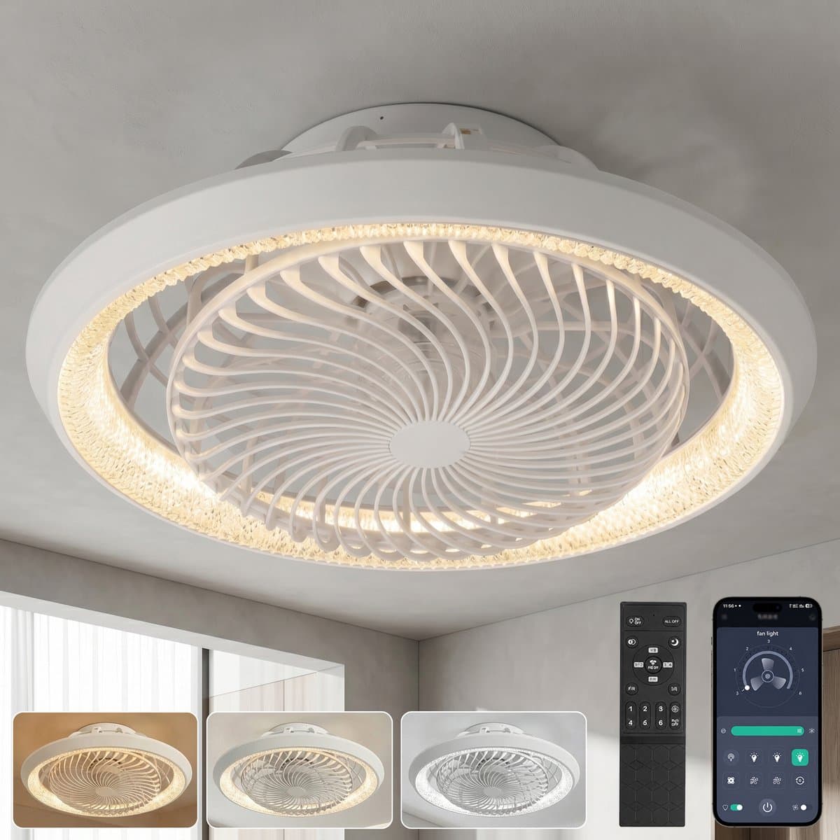 Rosnek Plafondventilator met Verlichting - 360° Roterende Luchtstroom - Stille Motor - App & Afstandsbediening - Dimbare LED - Kristallen Lampenkap - Plafondlamp met Ventilator Ø49cm — afbeelding 1