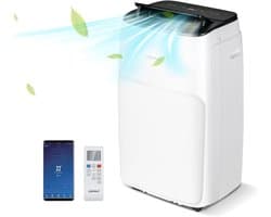 COSTWAY Mobiele airconditioning met afvoerslang, 12000 BTU, voor ruimtes tot 120 m³, 5-in-1 airconditioner voor koelen, verwarmen, ontvochtigen, ventileren en slaapmodus, app/afstandsbediening, [Energieklasse A]