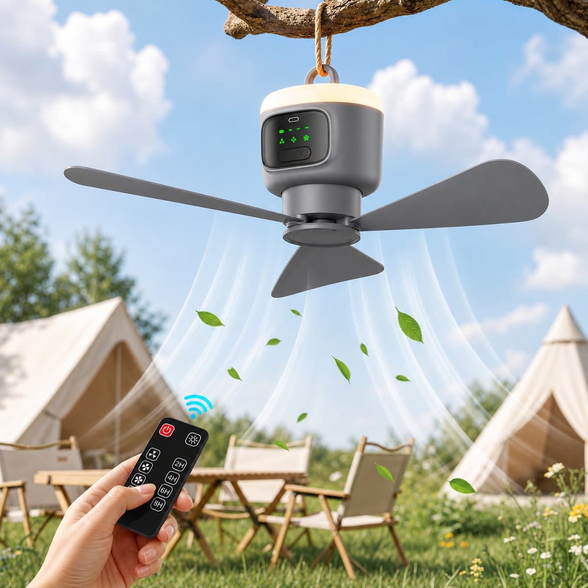 MUPOO Draagbare Camping Plafondventilator met LED Verlichting -Ø 45cm- 12000mAh - Afstandsbediening- 4 Windsnelheden & Timer - Stille DC Motor - Afneembare Bladen - lamp ventilator plafond Voor Tent, Caravan, Overkapping & Buiten — afbeelding 1