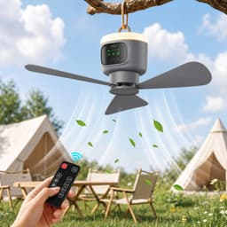 MUPOO Draagbare Camping Plafondventilator met LED Verlichting -Ø 45cm- 12000mAh - Afstandsbediening- 4 Windsnelheden & Timer - Stille DC Motor - Afneembare Bladen - lamp ventilator plafond Voor Tent, Caravan, Overkapping & Buiten — thumbnail 1