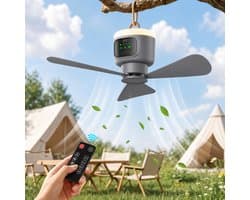 MUPOO Draagbare Camping Plafondventilator met LED Verlichting -Ø 45cm- 12000mAh - Afstandsbediening- 4 Windsnelheden & Timer - Stille DC Motor - Afneembare Bladen - lamp ventilator plafond Voor Tent, Caravan, Overkapping & Buiten