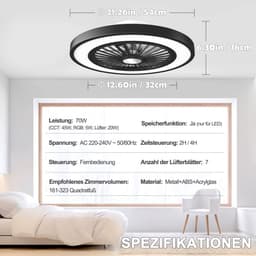 Ventilator Plafondlamp - Ø 54 cm - Zwart - Dimbaar - RGB - 6 Standen - Ventilator - 5200 lumen - Keuken Lamp - Woonkamer Lamp - Moderne Lamp - 45 W — thumbnail 5