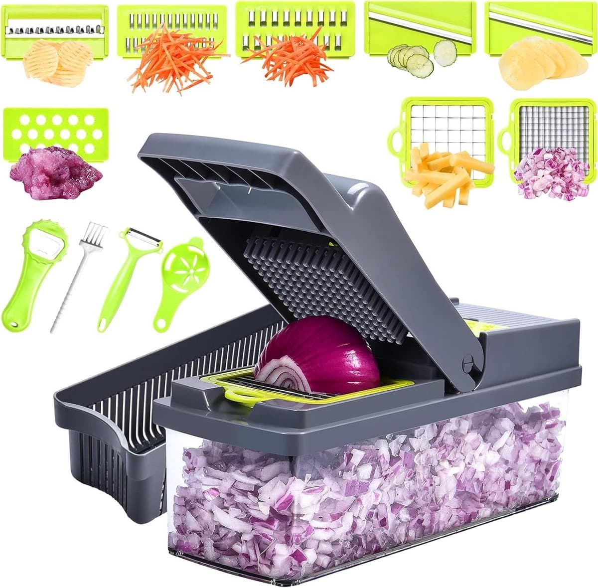 Groentenhakker - Keuken Snijder - Maaltijden Bereiden - 14-in-1 Functies - Met Container - Groen — afbeelding 1