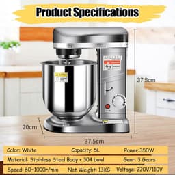 Keukenrobot - Keukenmixer Staande - Bakken en Koken - 3-in-1 Multifunctioneel - 5L Kom - Zilver — thumbnail 2
