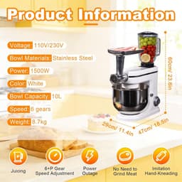 Keukenmachine met Blender - Keukenrobot multifunctioneel - Bakken en koken - Krachtige 1500W motor - 10L roestvrijstalen kom - Wit — thumbnail 3
