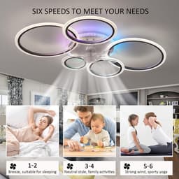 LuxiLamps - 5 Ringen Plafondventilator - RGB - 6 Snelheden - Zwart - Dimbaar Met Afstandsbediening - 12 Kleuren - Moderne Cirkel Ventilator Licht — thumbnail 3