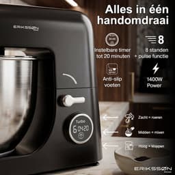 Erikssøn Kitchen Keukenmachine - 8 Snelheidsstanden Met Timer - 5L Mixer met Mengkom - 1400W - Keukenrobot - Keukenmixer - Foodprocessor - Zwart — thumbnail 5