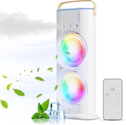 Aircooler met water of ijs-aircooler met koelelementen-ventilatorlamp met afstandbediening-Draagbare USB-ventilator met drie snelheden en vernevelingsfunctie- 7-kleurige LED-luchtkoeler - oplaadbare luchtkoeler met een waterreservoir van 280 ml - wit — thumbnail 1